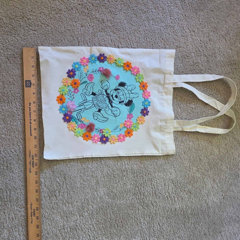 Disney Minnie Mouse Upcycled Tote Bag Floral Bicycle Cream Handmade Unique Cute! - Picture 5 of 5